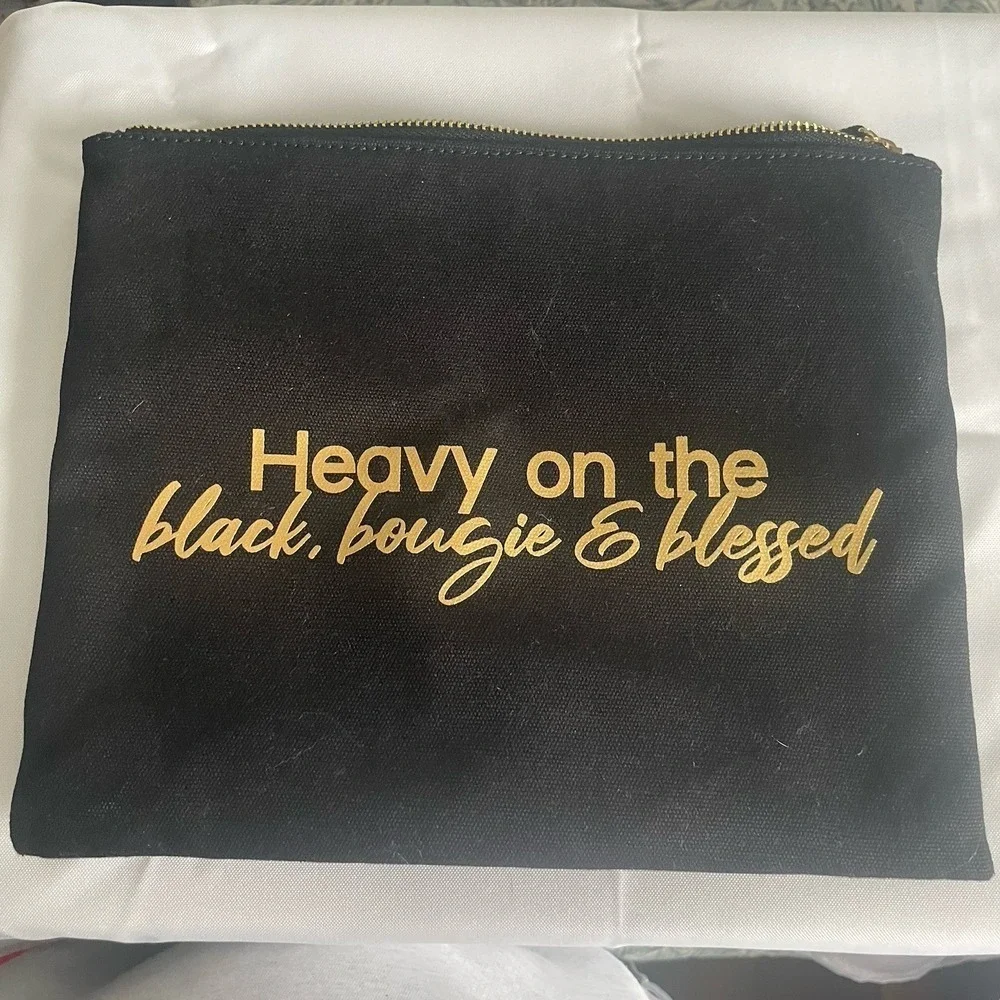 Heavy On The Black Bougie And Blessed Cosmetic Bag Clutch Makeup Bag Black/Gold